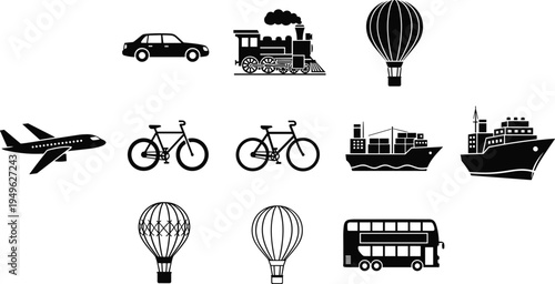 Transportation silhouettes collection including car train airplane bicycle ship bus and hot air balloon travel vector illustration set