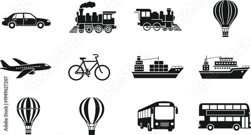 Transportation silhouettes set featuring car trains airplane bicycle ships buses and hot air balloons travel vector illustration collection
