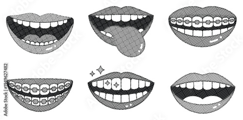 Halftone lips collage illustration set, dotted retro pop art style lips gestures with grainy grunge texture and cutout clipping shapes for urban graphic design.