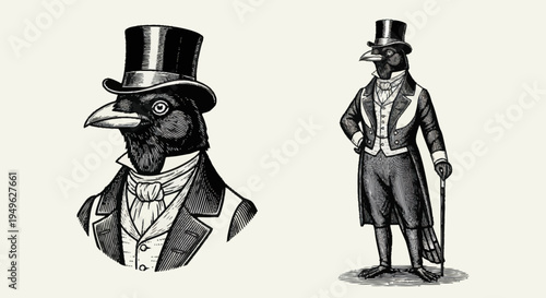 Anthropomorphic Crow Dressed in Victorian Formal Wear.