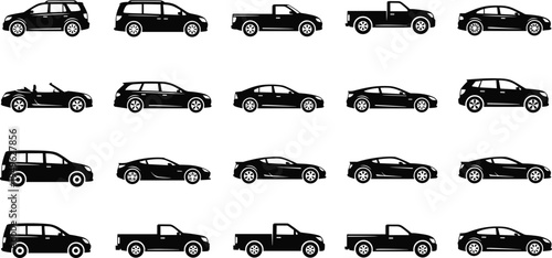 Car types and vehicle icons set, isolated black solid icon vector illustration for transportation and automotive design.