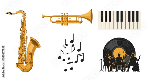 saxophone with musical instruments, jazz music vector icon sheet