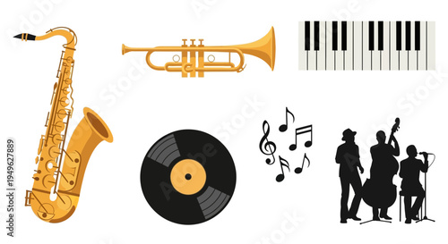 saxophone with notes,trumpet, piano key, jazz music vector illustration