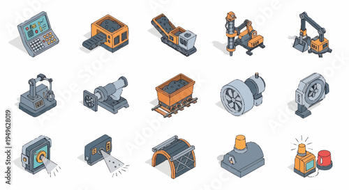 Isometric Industrial Equipment and Technology Icons Set.