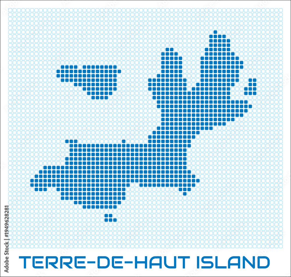 Obraz premium Terre-de-Haut Island digital style map with blue rounded rectangle dots. Guadeloupe. Dotted boundary shape. Terre-de-Haut Island blue colored map and title on white background.