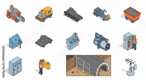 Isometric Industrial Construction and Mining Equipment Set.