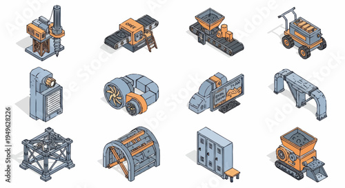 Isometric Industrial Factory Buildings and Machinery Set.
