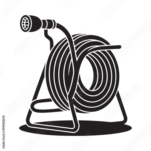 Black and white illustration of a coiled garden hose on a stand