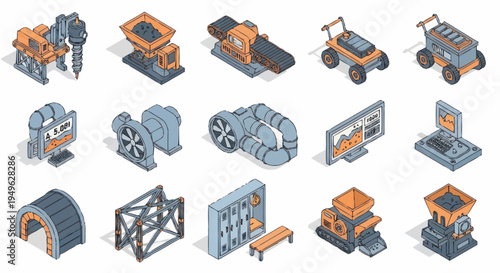 Industrial Equipment and Machinery Set Isometric Icons.
