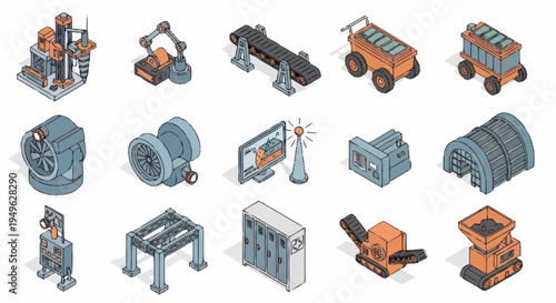 Isometric Industrial Factory Equipment and Machinery Set.