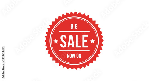 Red sale sticker with white text.