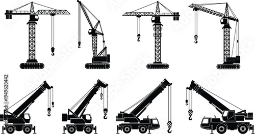 Construction crane silhouette set, heavy machinery tower cranes and mobile truck cranes isolated on white background vector.