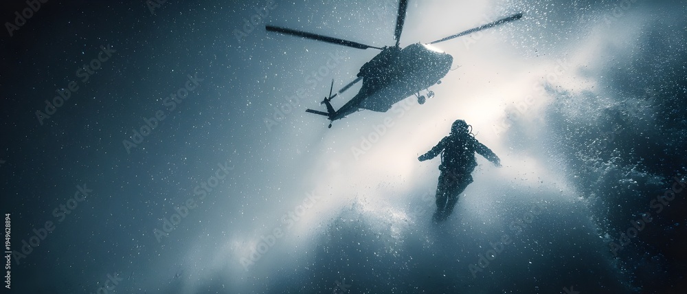Naklejka premium Rescue Diver Silhouette Leaps from Helicopter into Stormy Sea, Dramatic Emergency Response Action Scene Photography
