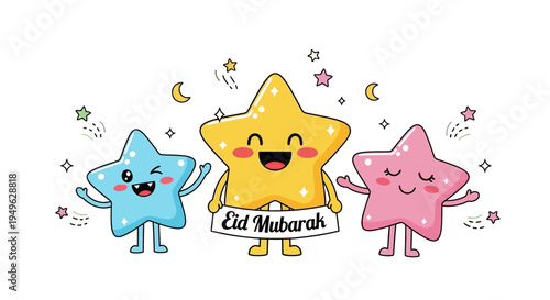 Colorful star characters celebrate together.