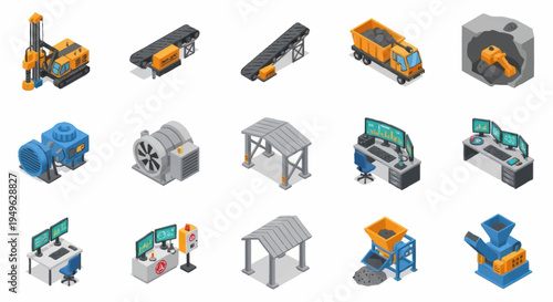 Isometric Industrial Equipment and Technology Icons Set.