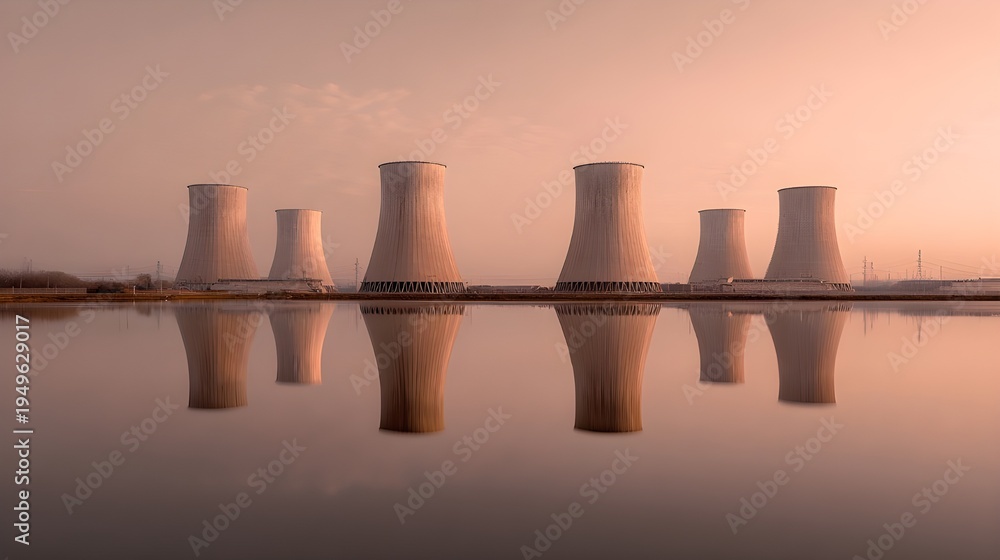 Obraz premium Rose-Gold Sky Frames Pristine Cooling Towers in Perfect Symmetry for Futuristic Energy Industry Visuals Campaigns