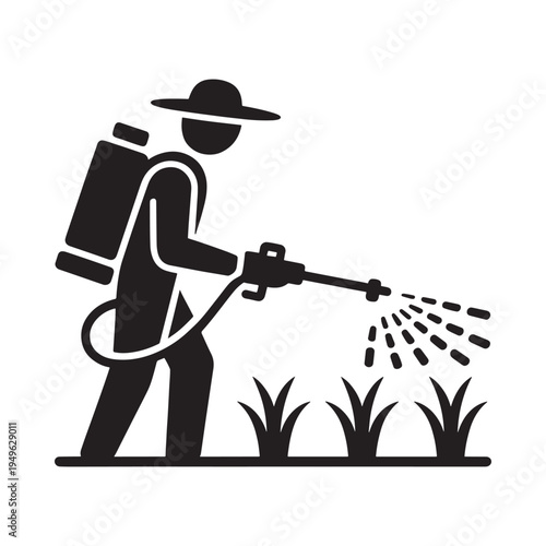 Farmer spraying crops with pesticide using backpack equipment simple icon