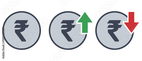 ルピーの通貨記号アイコンセット（上昇・下落・アウトラインあり）