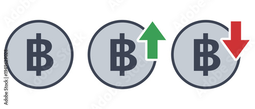 バーツの通貨記号アイコンセット（上昇・下落・アウトラインあり）