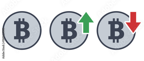 ビットコイン（仮想通貨）のアイコンセット（上昇・下落・アウトラインあり）