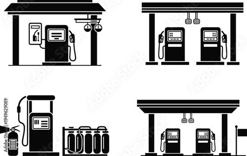 Gas station and fuel pump icons set, black flat vector illustration on white background.