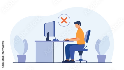 Vector illustration of man sitting at desk with computer, rejecting or canceling something
