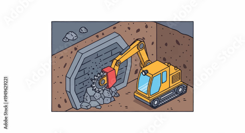 Excavator with Jackhammer Breaking Concrete Wall.
