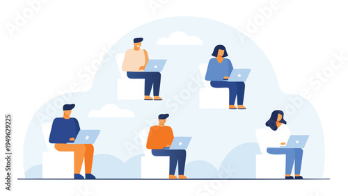 Set of 5 people working on laptops vector, illustration