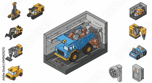 Isometric Construction Vehicles and Dump Truck in Container.