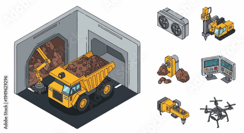 Isometric Mining Dump Truck and Excavator Loading Ore.
