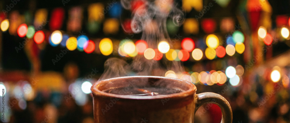 Naklejka premium A cup of hot chocolate with steam rising from it, set against a blurry background of colorful lights