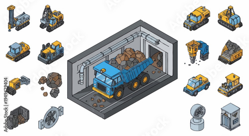 Isometric Mining Equipment and Vehicles Collection.