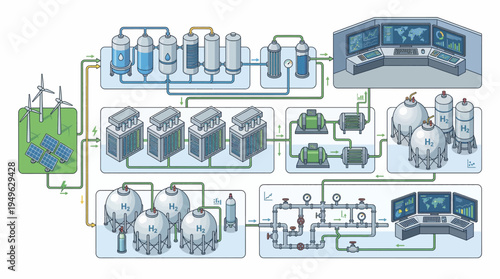 Industrial process diagram with machinery and equipment.