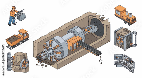 Tunnel Boring Machine Excavating Underground Rock Formation.