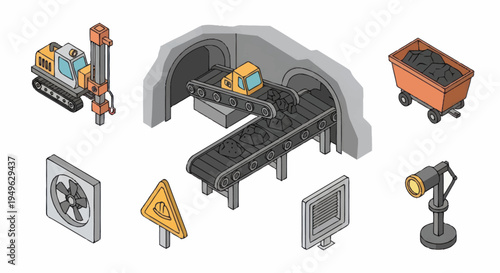Isometric Mining Equipment and Tunnel Scene.
