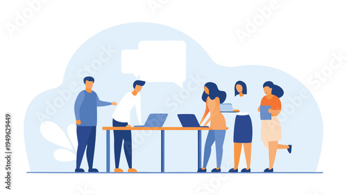 Set of 6 people working together at desk vector