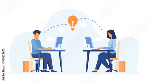 Vector illustration of two people working on computers with lightbulb idea
