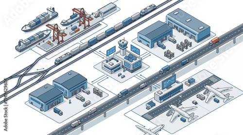 Industrial area with cargo ships and trains.