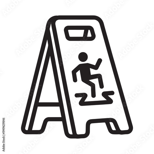 Black and white illustration of a wet floor warning sign with figure