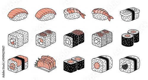 Sushi Line Icons Set, Japanese Sushi Rolls Nigiri and Maki Vector Collection