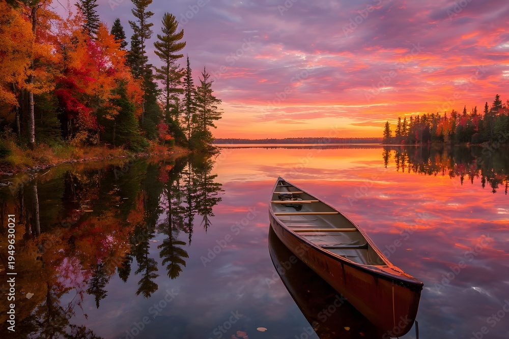 Obraz premium Canoe On Still Lake Under Fiery Autumn Sunset, Peaceful Reflection Landscape For Travel Posters Prints