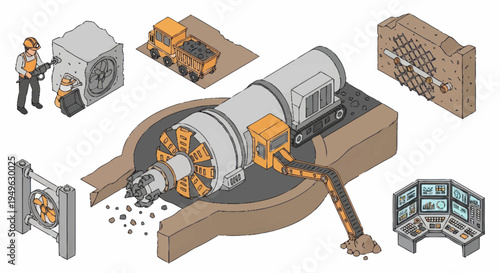 Tunnel Boring Machine Construction Site Isometric Illustration.