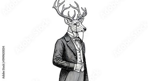 Elegant Deer Man Dressed in Vintage Suit and Antlers.