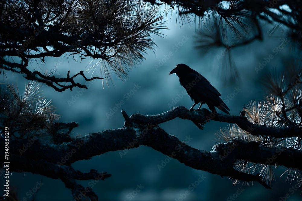 Fototapeta premium Raven Silhouette On Gnarled Pine Branch, Low Key Cinematic Wildlife Scene For Gothic Art Prints