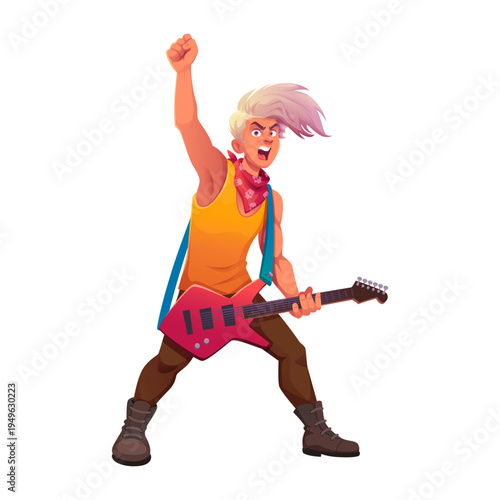 Energetic Rock Guitarist Playing Electric Guitar With Fierce Pose and Stylish Blonde Hair