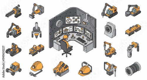 Collection of Industrial Construction Equipment and Control Room.