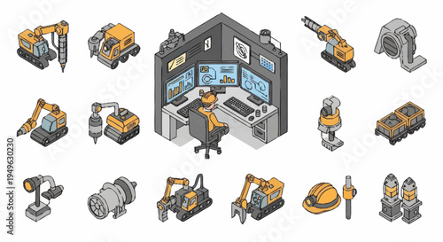 Isometric Construction Equipment and Control Room Set.