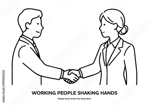 握手するビジネスパーソンの白黒手書き線画イラスト。契約,協力,信頼関係