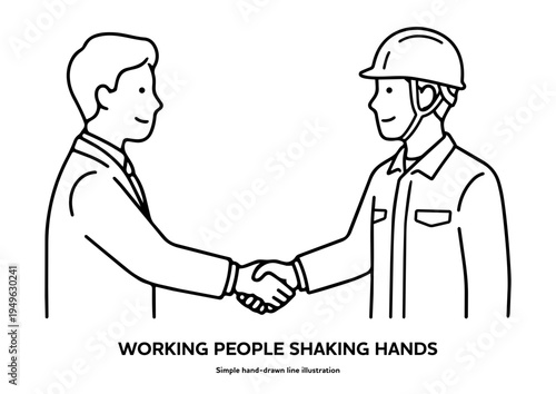 握手するビジネスマンと作業員の白黒線画イラスト。ホワイト・ブルーカラー