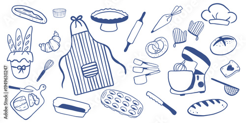 Hand drawn baking set blue color, ingredients, and tools in a sketch style. Vintage culinary process, cozy kitchen, bakery branding. 